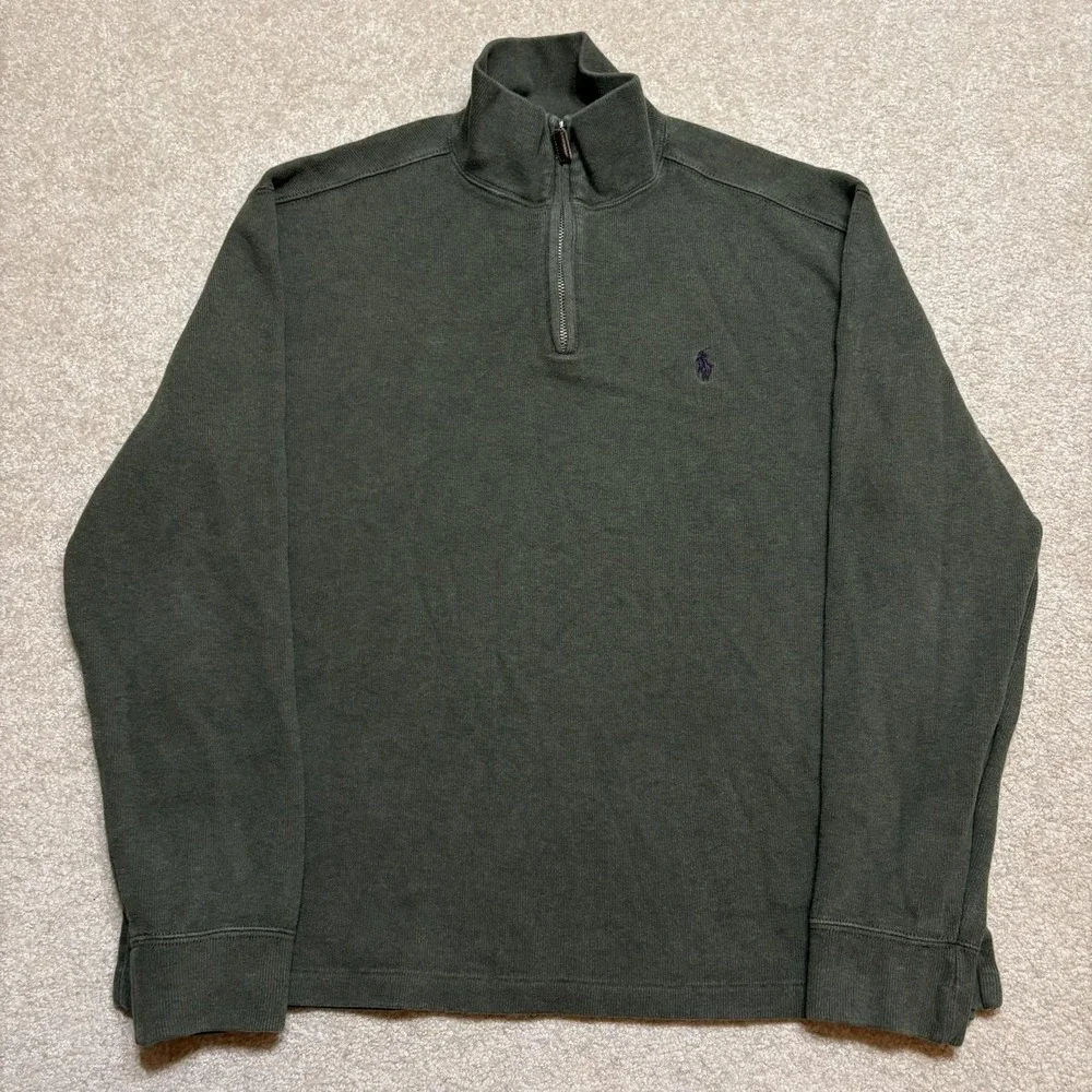 Vtg Polo By Ralph Lauren Sweater Mens Medium Green 1/4 Zip Mock Neck Cotton